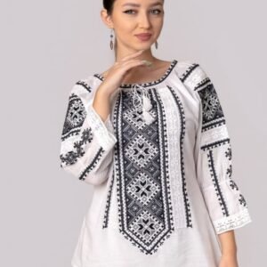 Bluza tip ie alba cu motiv geometric gri Paraschiva 01