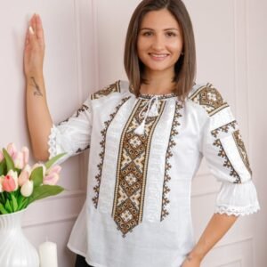 Bluza tip ie alba cu motiv geometric maro Tania 02