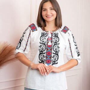 Bluza tip ie alba cu motiv geometric multicolor Dumitra