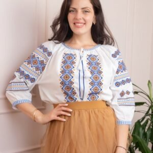 Bluza tip ie alba cu motiv geometric multicolor Ela