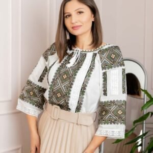 Bluza tip ie alba cu motiv geometric multicolor Marcela