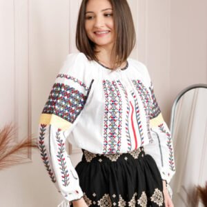 Bluza tip ie alba cu motiv geometric multicolor Sorana