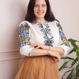 Bluza tip ie alba cu motiv geometric multicolor Svetlana