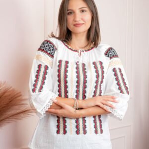 Bluza tip ie alba cu motiv geometric multicolor Violeta