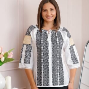 Bluza tip ie alba cu motiv geometric negru Dora 01