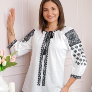 Bluza tip ie alba cu motiv geometric negru Valeria