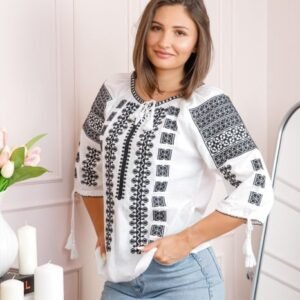 Bluza tip ie alba cu motiv geometric negru Virginia 02