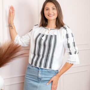 Bluza tip ie alba cu motiv geometric negru Xenia