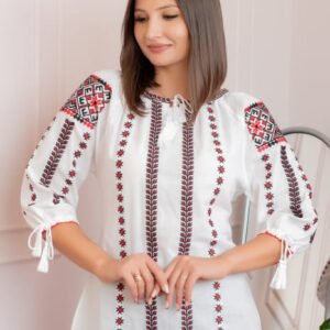 Bluza tip ie alba cu motiv geometric negru Zamfira 02