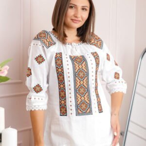 Bluza tip ie alba cu motiv geometric orange Alexandrina