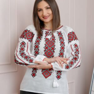 Bluza tip ie alba cu motiv geometric rosu Adelina