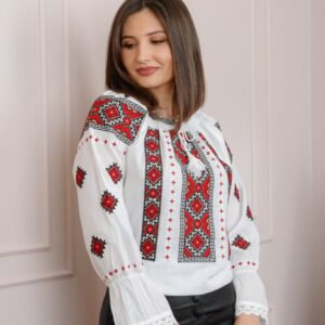 Bluza tip ie alba cu motiv geometric rosu Adriana