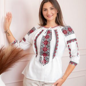 Bluza tip ie alba cu motiv geometric rosu Albina