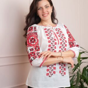 Bluza tip ie alba cu motiv geometric rosu Celina 02