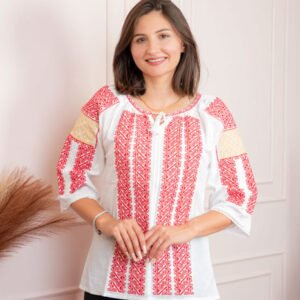 Bluza tip ie alba cu motiv geometric rosu Dora 02
