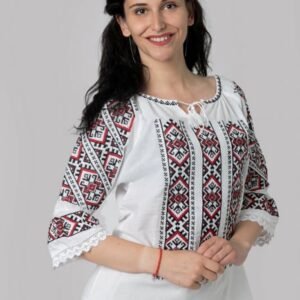 Bluza tip ie alba cu motiv geometric rosu Ina 03