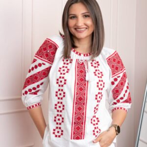 Bluza tip ie alba cu motiv geometric rosu Ioana