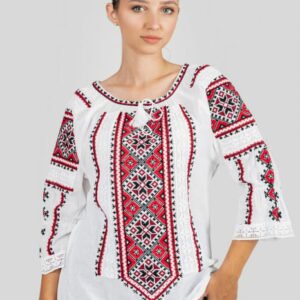 Bluza tip ie alba cu motiv geometric rosu Paraschiva 06