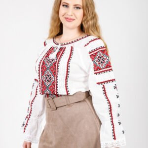 Bluza tip ie alba cu motiv geometric rosu Paraschiva 07