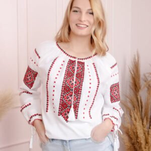 Bluza tip ie alba cu motiv geometric rosu Paraschiva 11