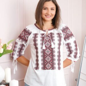 Bluza tip ie alba cu motiv geometric rosu Simina
