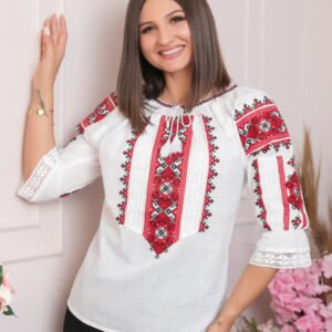 Bluza tip ie alba cu motiv geometric rosu Tania 01
