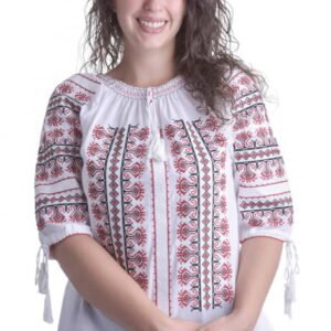 Bluza tip ie alba cu motiv geometric rosu Vera 02