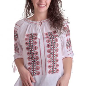 Bluza tip ie alba cu motiv geometric rosu Vera 06