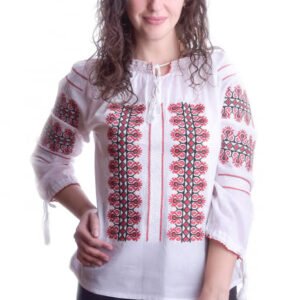 Bluza tip ie alba cu motiv geometric rosu Vera 07