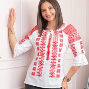 Bluza tip ie alba cu motiv geometric rosu Virginia 01