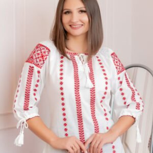 Bluza tip ie alba cu motiv geometric rosu Zamfira 01
