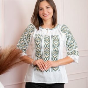 Bluza tip ie alba cu motiv geometric verde Ina 07
