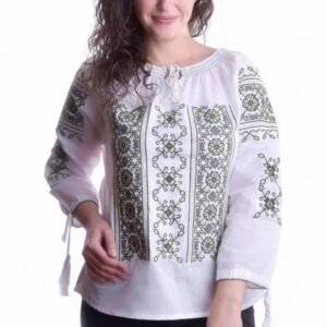 Bluza tip ie alba cu motiv geometric verde Liana 07