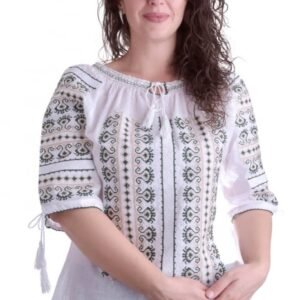 Bluza tip ie alba cu motiv geometric verde Vera 01
