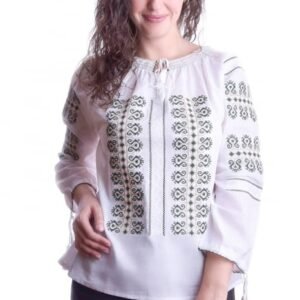 Bluza tip ie alba cu motiv geometric verde Vera 08