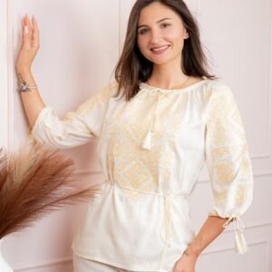 Bluza tip ie crem cu motiv geometric auriu Ana