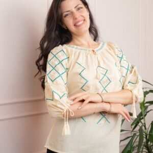 Bluza tip ie crem cu motiv geometric turcoaz Celestina