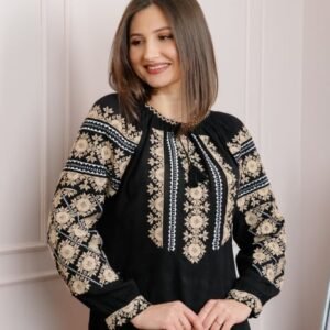 Bluza tip ie neagra cu motiv floral crem Brigita 04