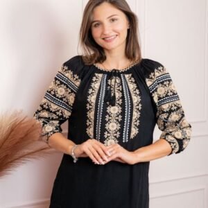 Bluza tip ie neagra cu motiv floral crem Brigita 05