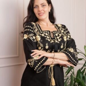 Bluza tip ie neagra cu motiv floral galben Adelaida