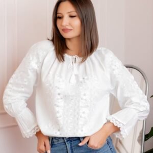 Bluza tip ie traditionala alba cu motiv floral argintiu Angelica 02