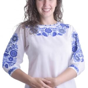 Bluza traditionala alba cu motiv floral albastru Celia