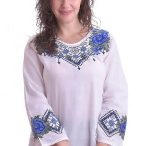Bluza traditionala alba cu motiv floral albastru Iris 01