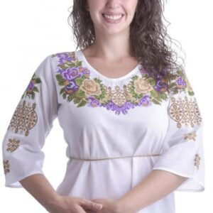 Bluza traditionala alba cu motiv floral multicolor Leila 01