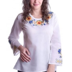 Bluza traditionala alba cu motiv floral multicolor Xenia