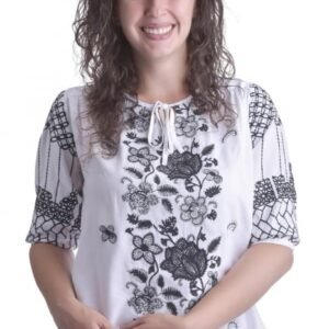 Bluza traditionala alba cu motiv floral negru Miriam