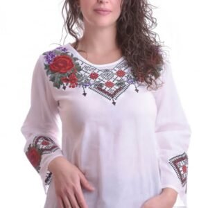 Bluza traditionala alba cu motiv floral rosu Iris 02