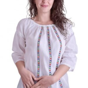 Bluza traditionala alba cu motiv geometric multicolor Anne