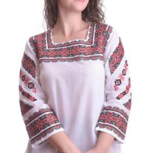Bluza traditionala alba cu motiv geometric rosu Raisa 01