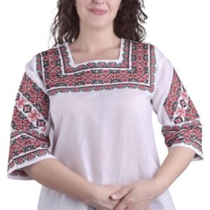 Bluza traditionala alba cu motiv geometric rosu Raisa 02